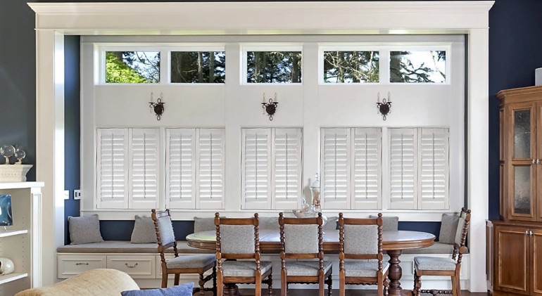 Honolulu great room with Studio plantation shutters.